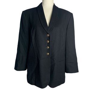 Vintage Kasper Wool Blazer Jacket 16 Black Lined Shawl Collar Buttons Pockets
